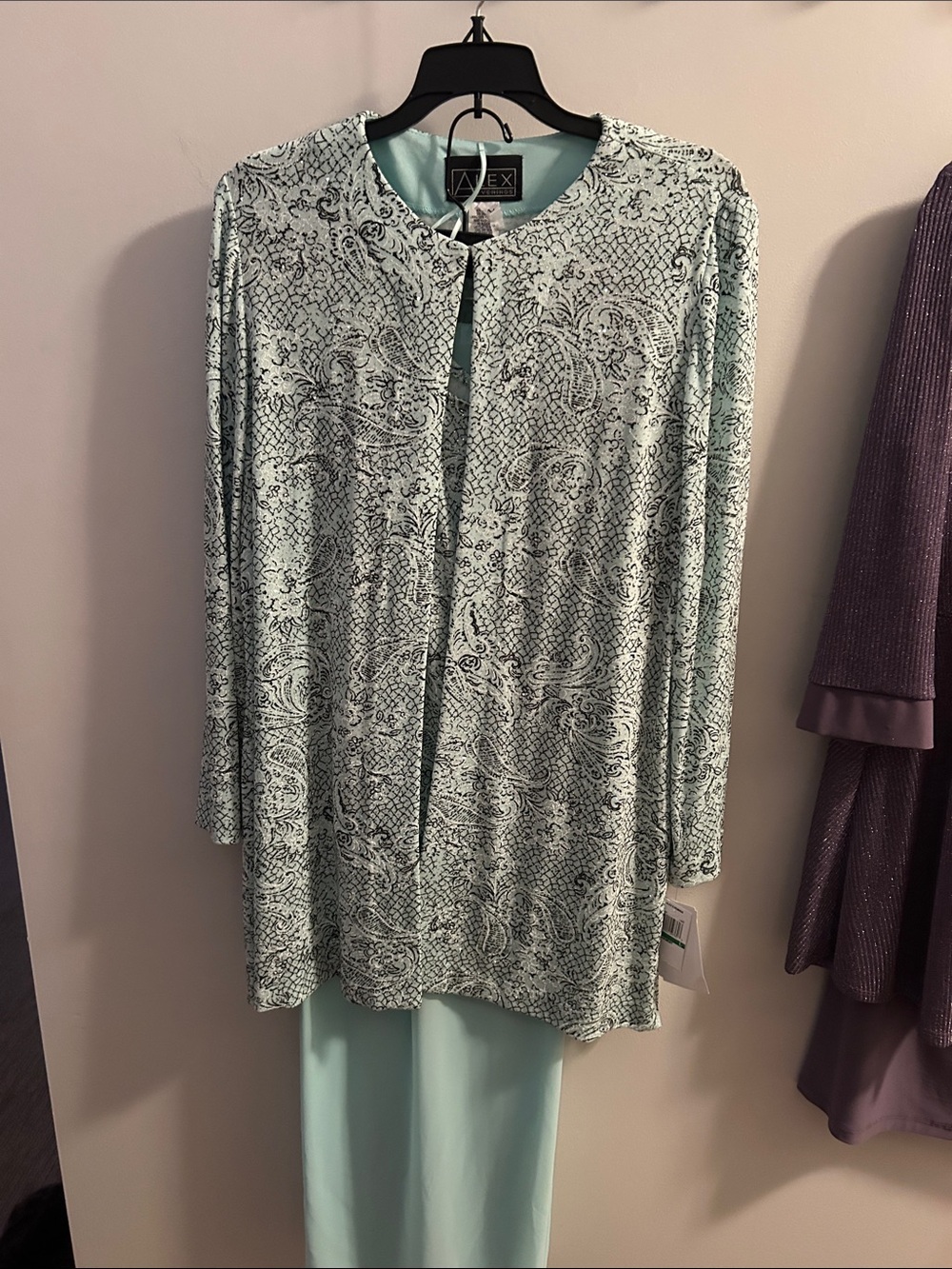 Alex Evenings Light Mint Paisley Jacket with Matching blouse and pants set